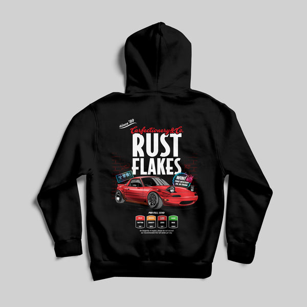 MX5 Hoodie front view - Rust Flakes Mazda MX-5 design, printed in the UK